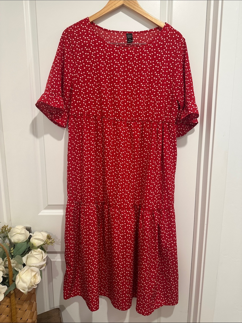 Red Short Sleeve Tiered Dress with Heart Print